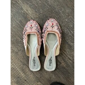 Paris Blues Embellished Mules Beaded Slip On Flats Shoes‎ Pink Boho Size 7